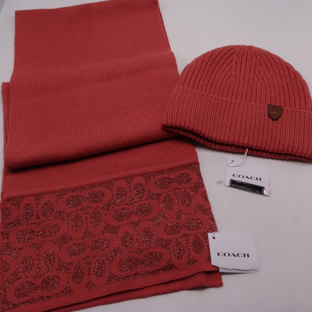 Coach  Signature Watermelon Knit Oblong Scarf C5127 & Rib Knit Hat 6917 New